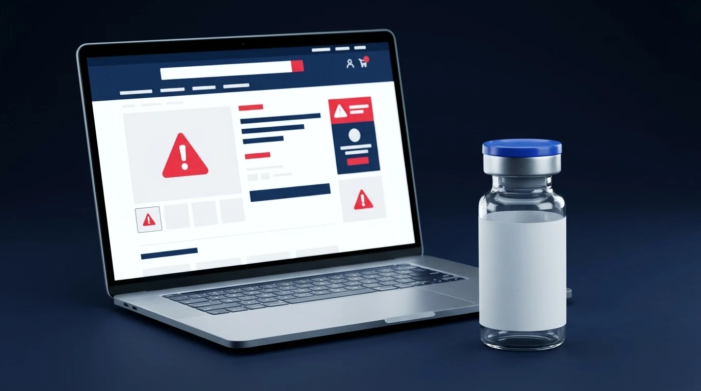 Premium editorial still life of peptide vial, blurred product page, and warning highlights